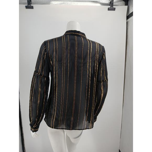 Derek Lam 10 Crosby Top Womens Size 8 Black Gold Metallic Stripes Sheer Silk - Picture 6 of 14